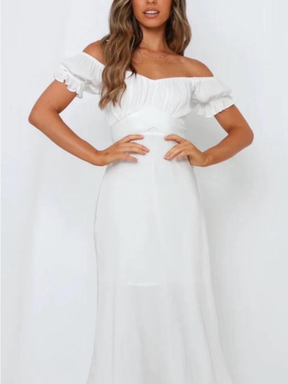 Hello Molly White One-Shoulder Maxi Dress with Puff Sleeve